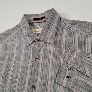 Tommy Bahama Men Button Up Shirt Medium Gray‎ Stripe Silk Blend Long Sleeve Palm